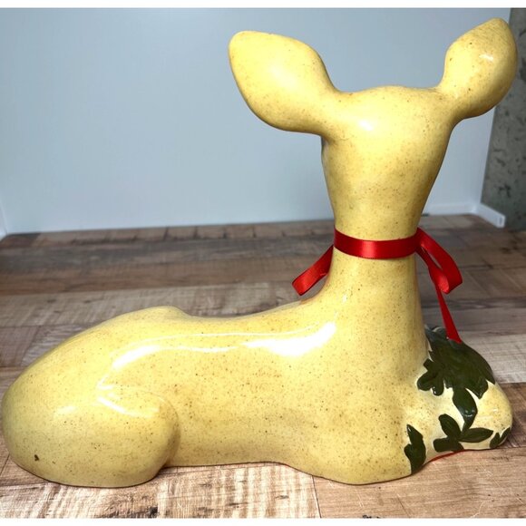 Vintage Ceramic Fawn Figurine With Red Ribbon & Leaf Design  12.5" Length Large - Picture 6 of 6